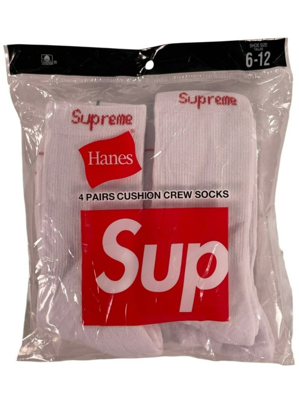 Supreme x Hanes 4 Pairs Cushion Cotton Crew Socks Comfy White Men's Sz 6-12 NEW